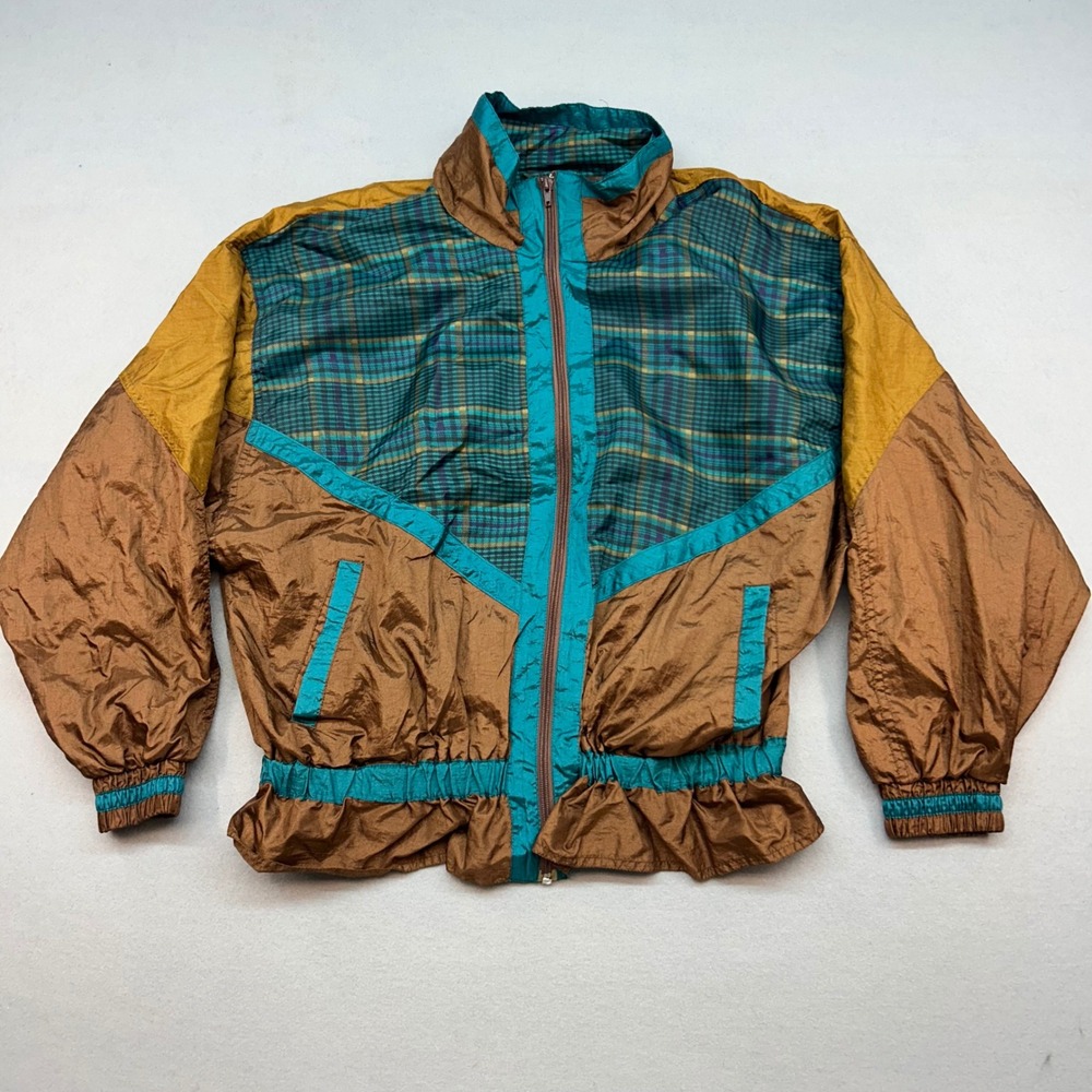 Vintage Active Stuff Windbreaker Jacket Brown Teal Plaid Colorblock Retro Medium